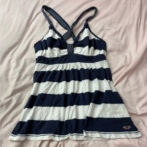 Hollister Navy Blue and White Striped Babydoll Top